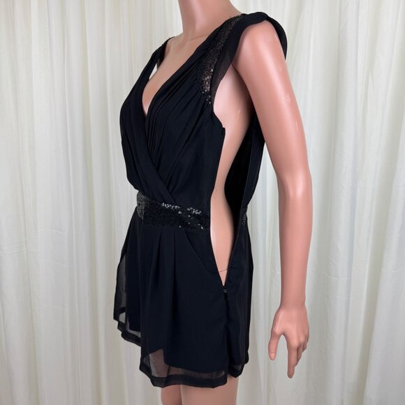 Women's TCEC Sequins Accent Ruched Shirred Chiffon Romper Size Medium Black - Picture 5 of 12